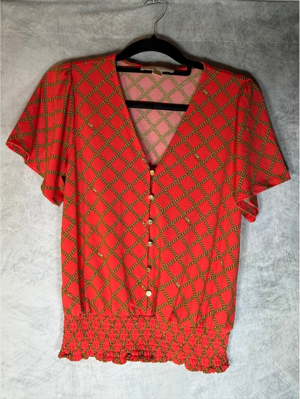 Michael Michael Kors Womens XS Red Gold Chain Print Smocked Hem Flutter Top